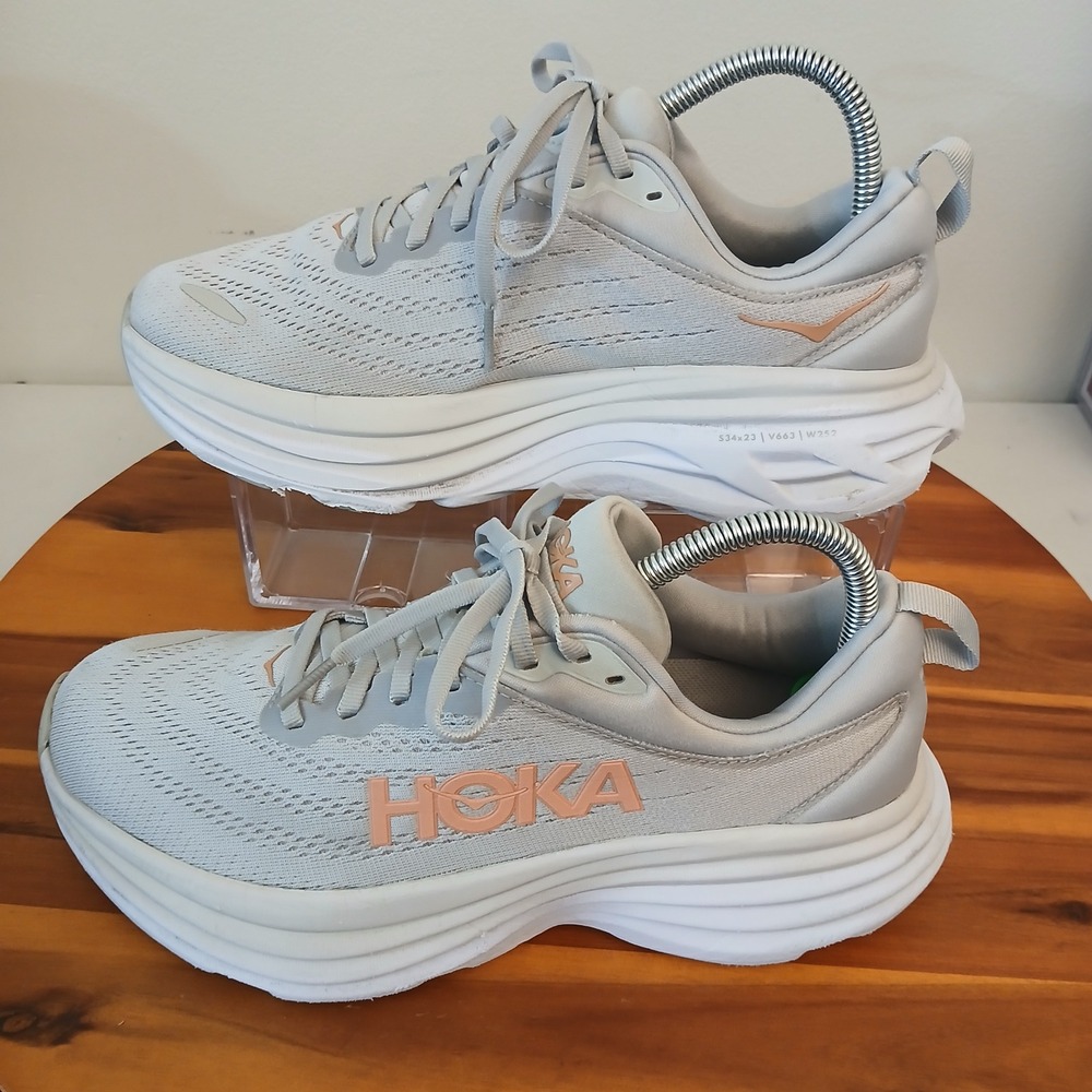 Hoka One One Bondi 8 Wide Women 8D Grey Running Shoes Sneakers 1127954 HMLR